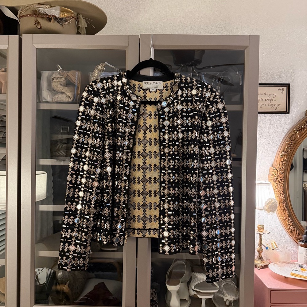 ST. JOHN Black Stretch Knit Jacket with Gold Metallic & Mirorr Accents Size 14